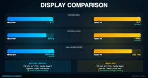 Moto G67 Power 5G 120Hz 1050 nits vs Redmi 15 5G 144Hz 850 nits display comparison