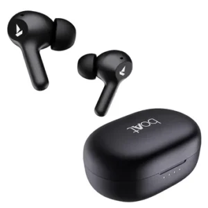 boAt Airdopes 71 TWS earbuds in Active Black color, with both earbuds next to their charging case, highlighting the stem design.