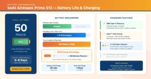 boAt Airdopes Prime 512 battery life and charging case — 50 hours total, 10 min ASAP charge gives 3 hours playback