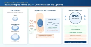 boAt Airdopes Prime 512 comfort and ear tip options — Small, Medium, Large silicone tips and IPX4 water resistance