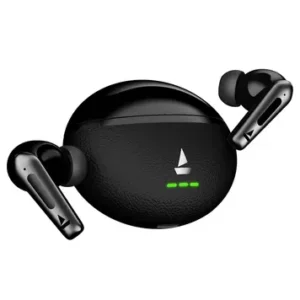 boAt Airdopes Prime 512 Midnight Pebble TWS earbuds with textured charging case and green LED indicators.
