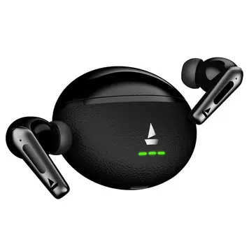 boAt Airdopes Prime 512 Midnight Pebble TWS earbuds with textured charging case and green LED indicators.
