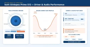 boAt Airdopes Prime 512 Review — 13mm driver and audio quality infographic with sound signature chart