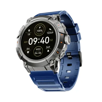 boAt Lunar Atlas smartwatch in Phantom Blue color variant, showcasing the silver case, blue silicone strap, and vibrant 1.39-inch HD display.