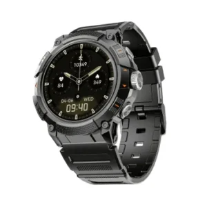 boAt Lunar Atlas smartwatch in Ranger Black, front angled view showing 1.39-inch HD display, functional crown, and activity tracking data.