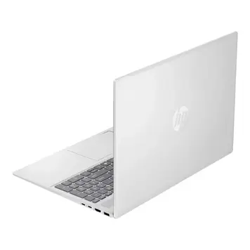 Rear view of the HP Pavilion 16-ag0019AU laptop in Natural Silver highlighting the aluminum lid and circular HP logo
