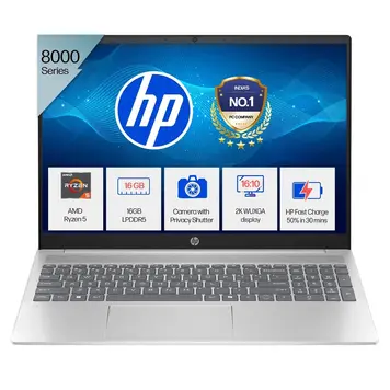 Front-facing view of HP Pavilion 16-ag0019AU detailing AMD Ryzen 5 8000 series, 16GB RAM, and 2K WUXGA display specifications