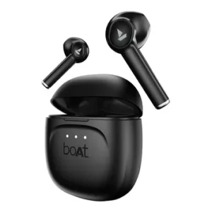Boat Airdopes 138 Gen 2 TWS earbuds in Carbon Black, shown with charging case open, highlighting sleek design and LED indicators.