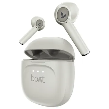 Boat Airdopes 138 Gen 2 TWS earbuds in Cream White, with the charging case open, showcasing an alternative color option.