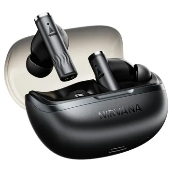 Dark grey boAt Nirvana Zenith Pro earbuds with metallic stems in their matching dark grey charging case. Case displays "NIRVANA".