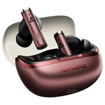 Crimson Red boAt Nirvana Zenith Pro earbuds with matching metallic stems in their crimson charging case, embossed with "NIRVANA".