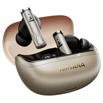 Platinum Gold boAt Nirvana Zenith Pro earbuds with matching stems in their gold charging case, embossed with "NIRVANA".