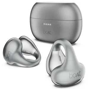 Grey boAt Airdopes Loop clip-on earbuds and matching charging case with LED indicators, showing the C-shaped open-ear design.