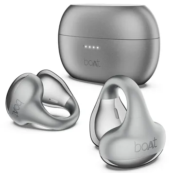 Grey boAt Airdopes Loop clip-on earbuds and matching charging case with LED indicators, showing the C-shaped open-ear design.