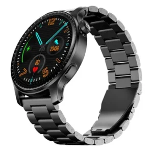 BoAt Ultima Prime smartwatch with round black dial, active digital face showing time, steps, heart rate. Features a black metal link strap and a side crown.