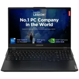 A black Lenovo Legion 5 15IRX9 gaming laptop, lid open, displaying 'Intel Core i7 HX Processor' and 'RTX 4060 8GB' on screen.