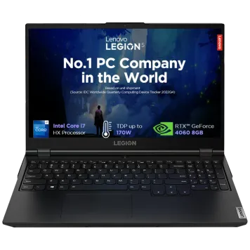 A black Lenovo Legion 5 15IRX9 gaming laptop, lid open, displaying 'Intel Core i7 HX Processor' and 'RTX 4060 8GB' on screen.