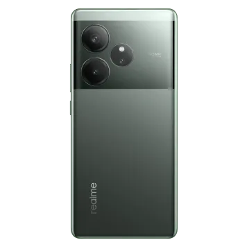 Back panel of the Realme GT 6 5G phone in green, featuring its triple camera module with '50MP OIS AI CAM' text and 'realme' branding.