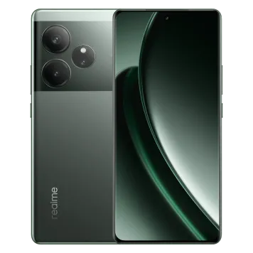 Realme GT 6 5G in green, showcasing its curved display and the dual-tone back panel with triple camera setup from front and back.