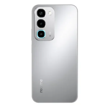 Realme P4R 5G 128GB 6GB rear view showing triple camera with teal accent ring in Silver Chrome