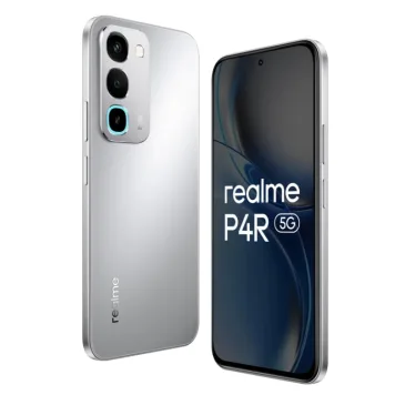 Realme P4R 5G 128GB 6GB back and front view showing triple camera with teal accent ring in Silver Chrome
